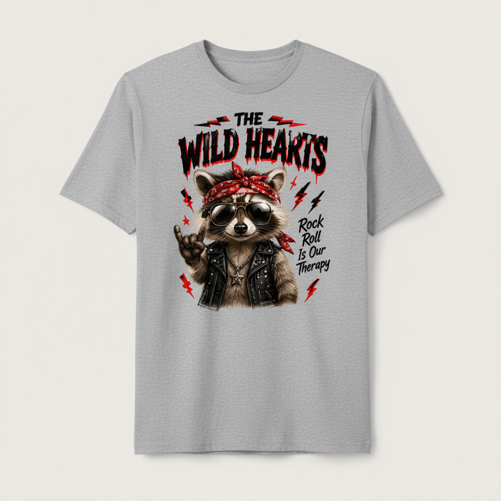 Heather gray t-shirt mockup with the Wild Hearts Rock and Roll Is Our Therapy raccoon design