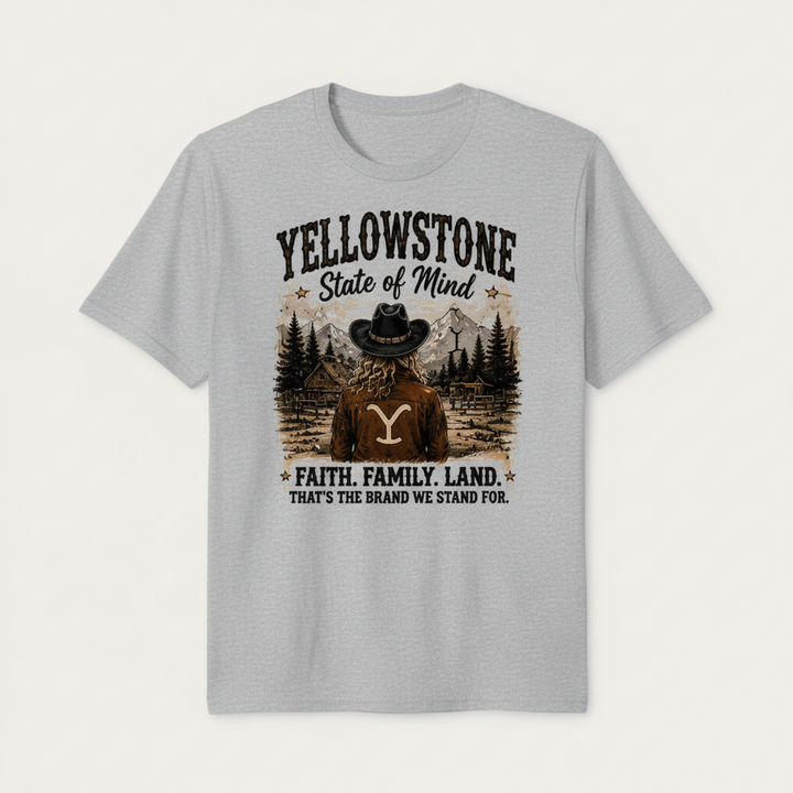 Heather gray t-shirt mockup with the Yellowstone State of Mind Faith Family Land design