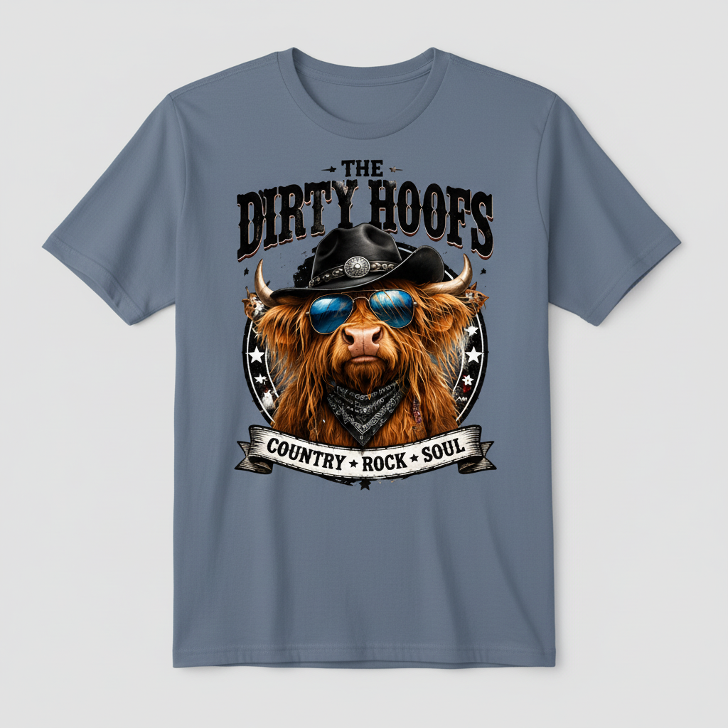 Denim blue t-shirt mockup with The Dirty Hoofs Country Rock Soul western bull design