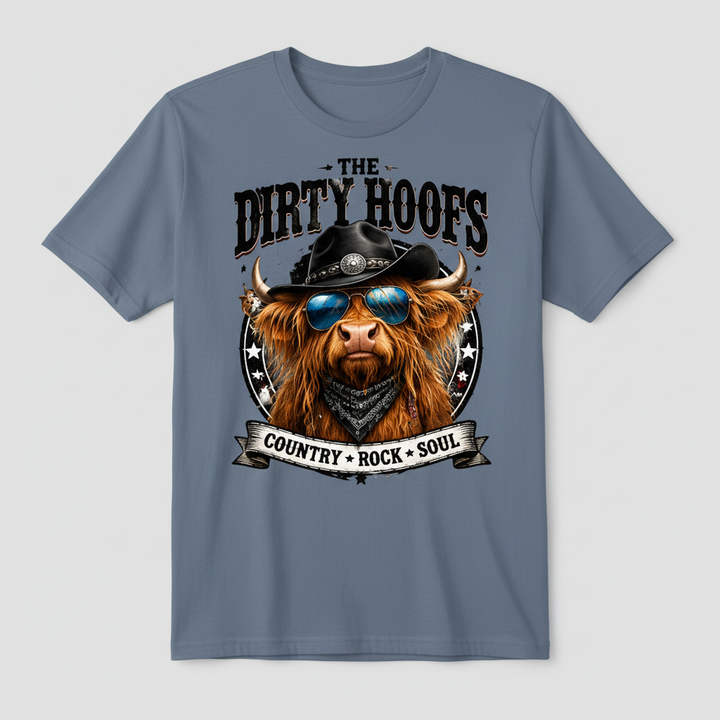 Denim blue t-shirt mockup with The Dirty Hoofs Country Rock Soul western bull design