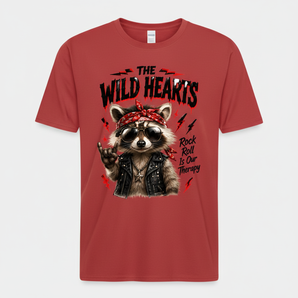 Red t-shirt mockup with the Wild Hearts Rock and Roll Is Our Therapy raccoon design