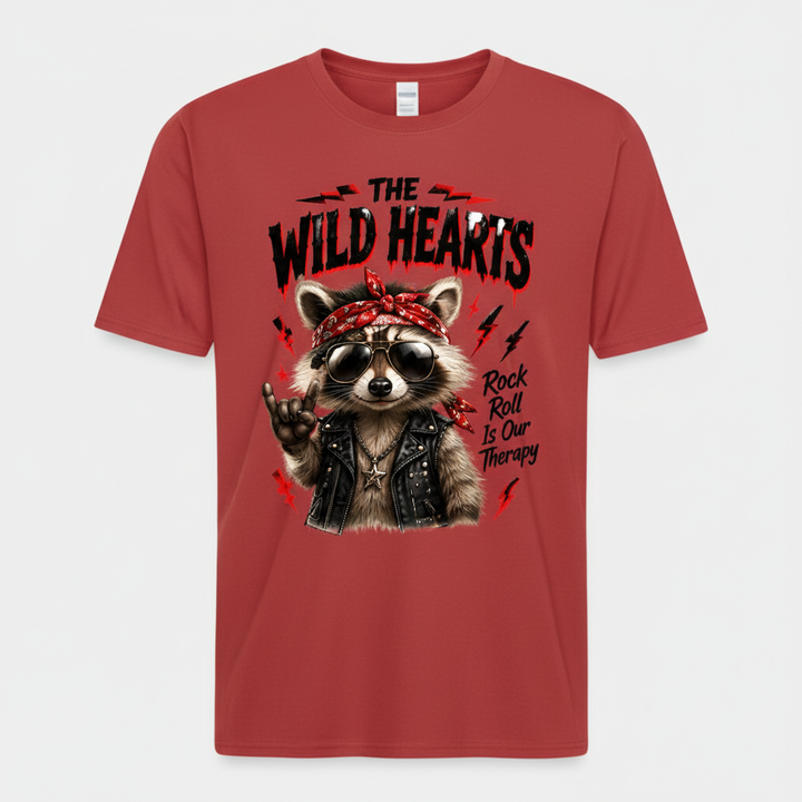 Red t-shirt mockup with the Wild Hearts Rock and Roll Is Our Therapy raccoon design