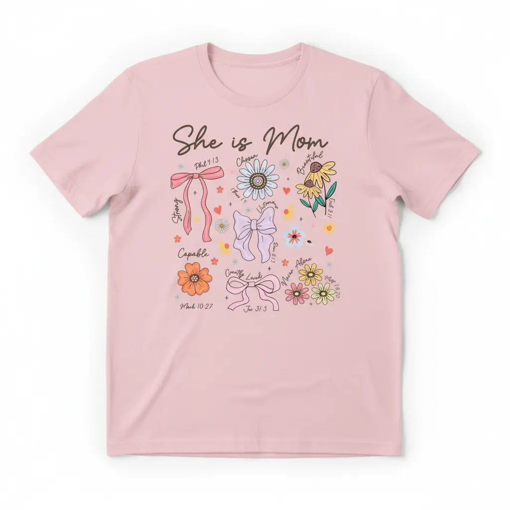 She Is Mom pink t-shirt mockup
