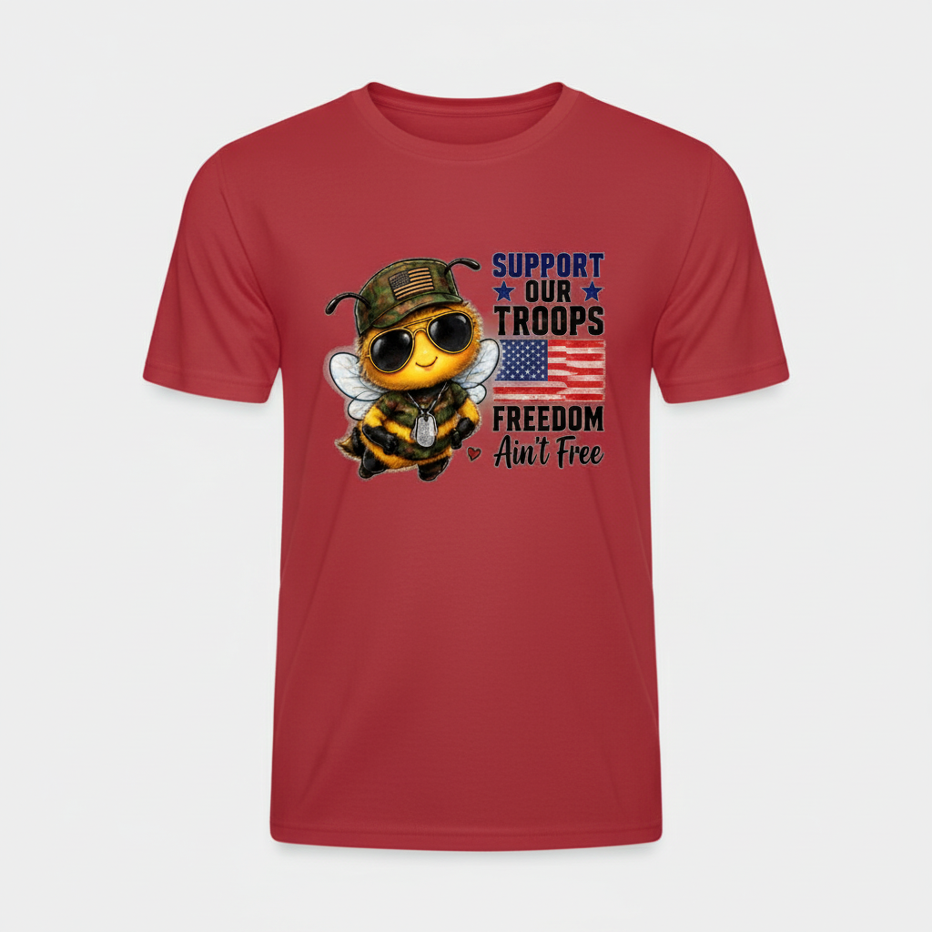 Red t-shirt mockup with the exact Support Our Troops Freedom Ain't Free patriotic design