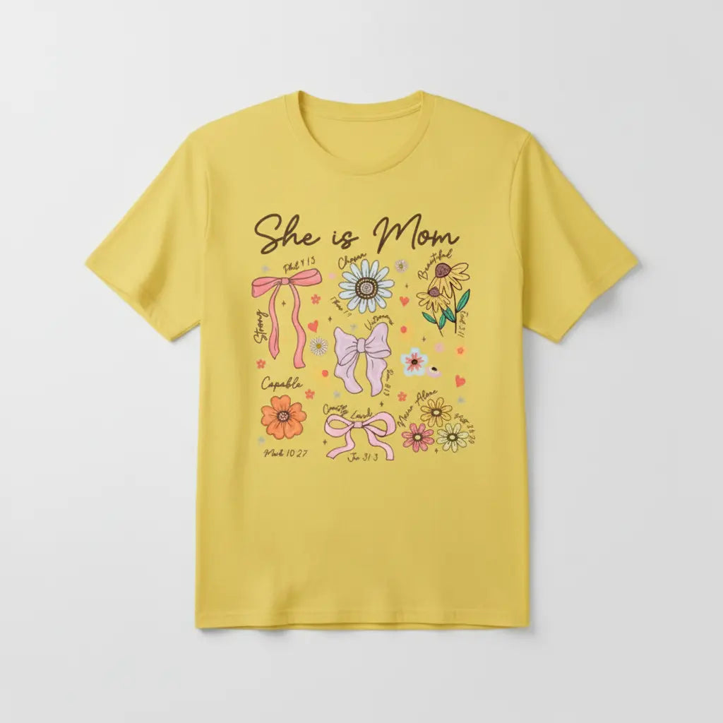 She Is Mom yellow t-shirt mockup