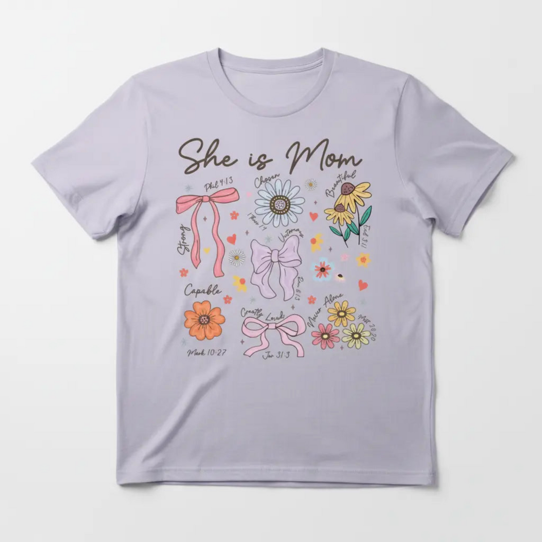 She Is Mom light purple t-shirt mockup
