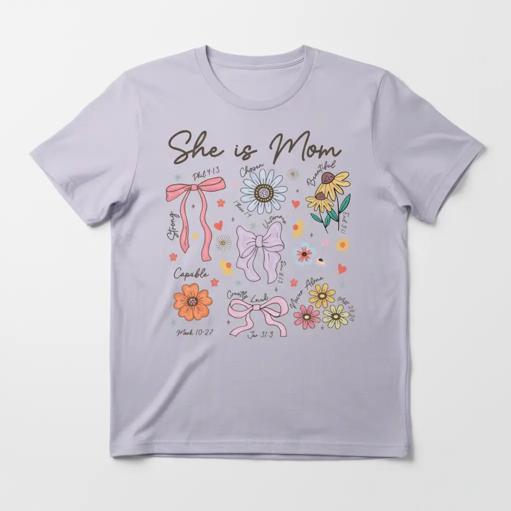 She Is Mom light purple t-shirt mockup