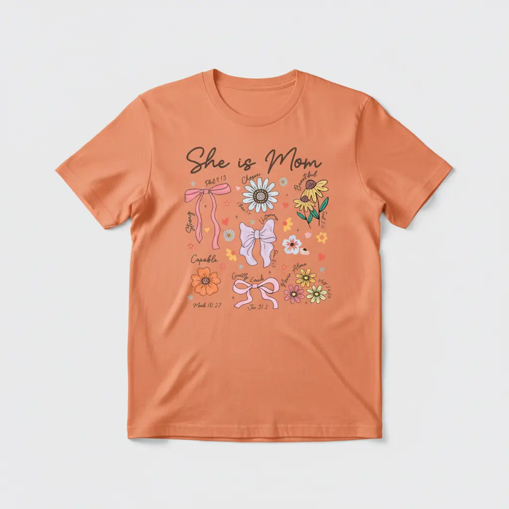 She Is Mom orange t-shirt mockup