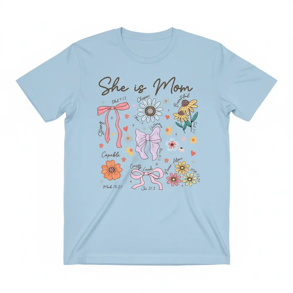 She Is Mom light blue t-shirt mockup