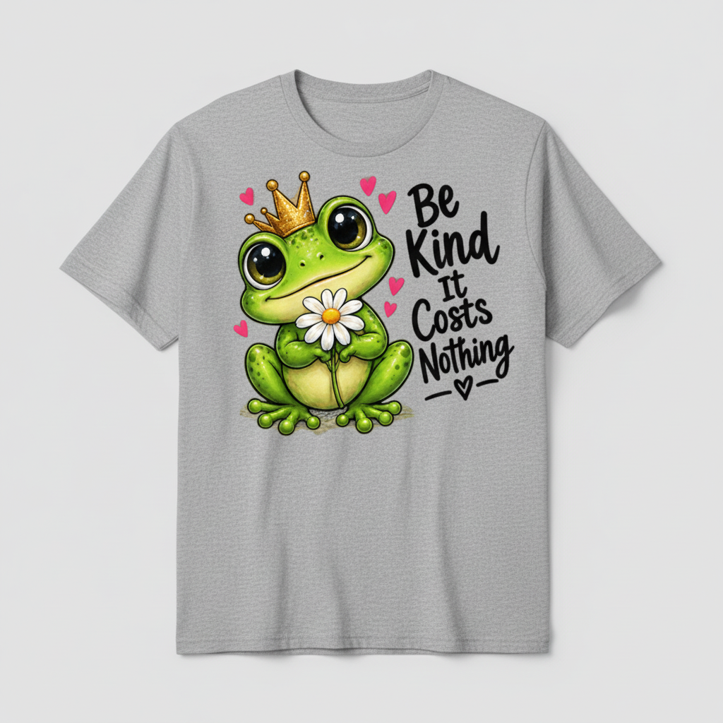Heather gray t-shirt mockup with the Be Kind It Costs Nothing crowned frog design