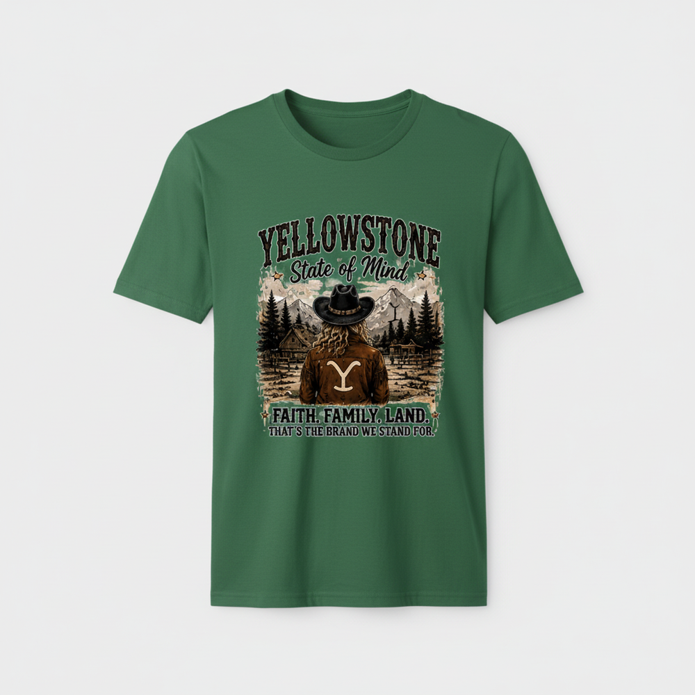 Forest green t-shirt mockup with the Yellowstone State of Mind Faith Family Land design