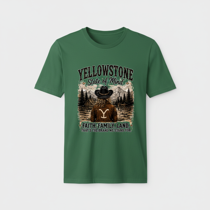 Forest green t-shirt mockup with the Yellowstone State of Mind Faith Family Land design