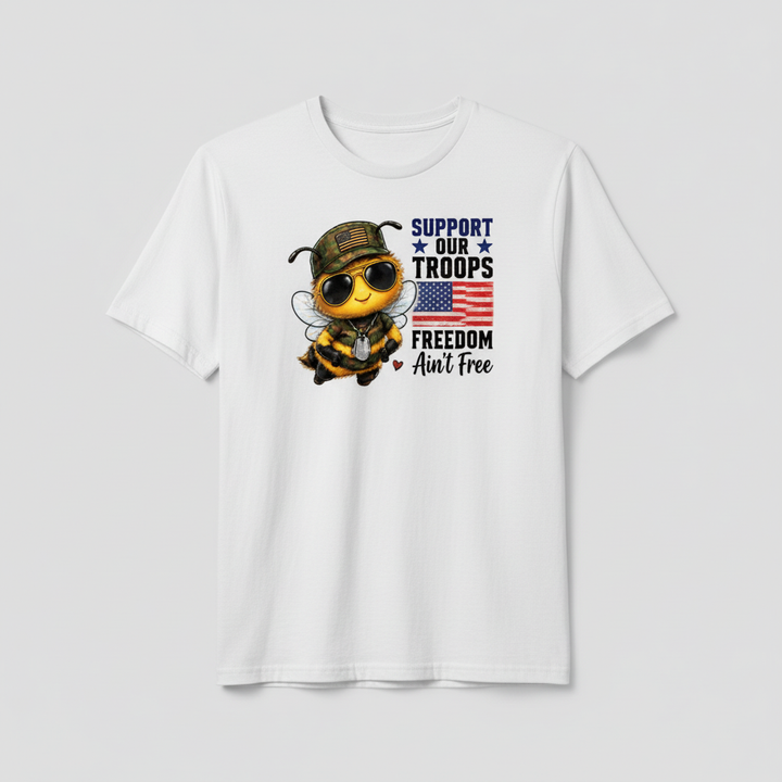 White t-shirt mockup with the exact Support Our Troops Freedom Ain&