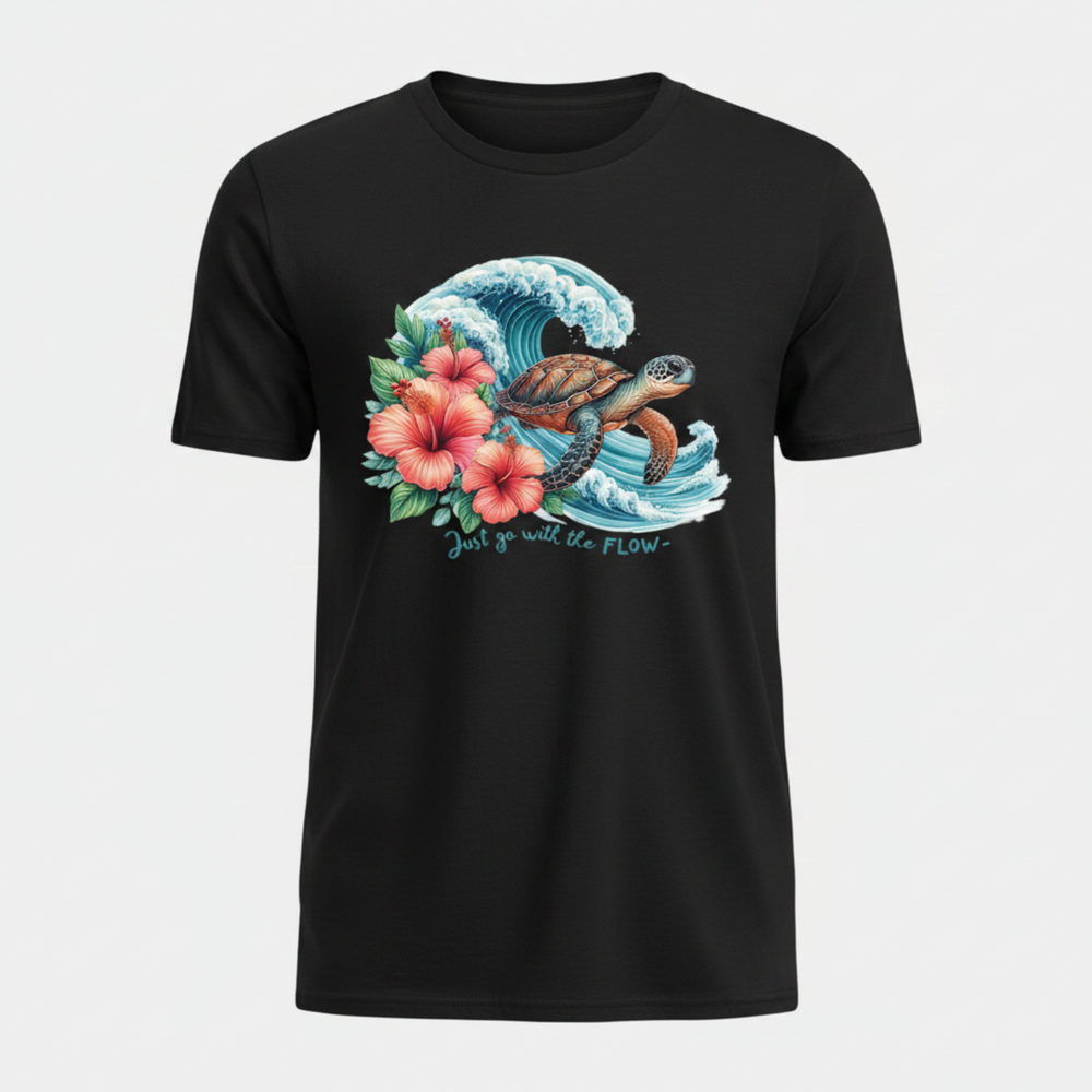 Breathtaking Sea Turtle Graphic Tee featuring a detailed watercolor sea turtle gliding through a dramatic ocean wave with pink hibiscus flowers.