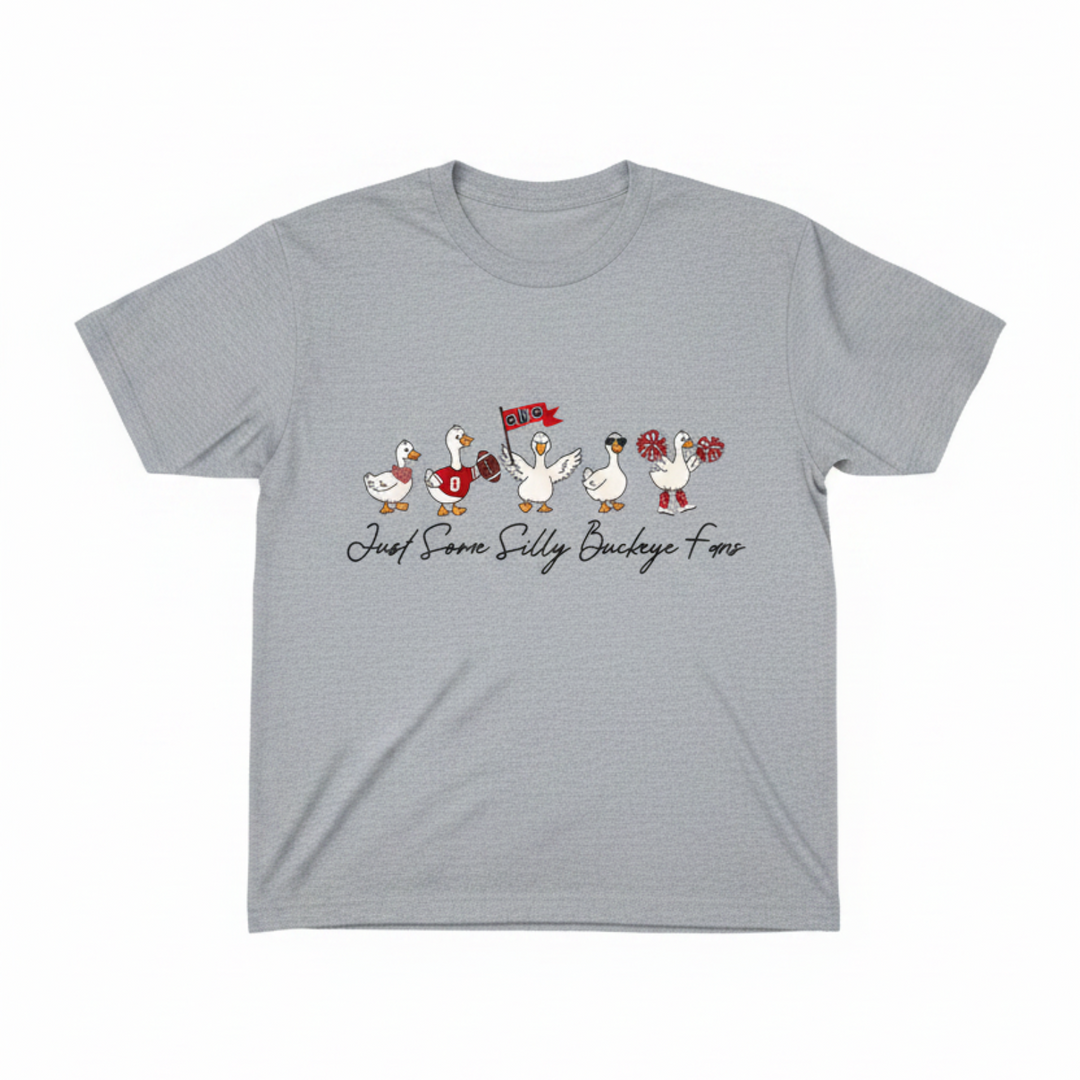 Just Some Silly Buckeye Fans graphic tee with geese in Ohio football fan gear