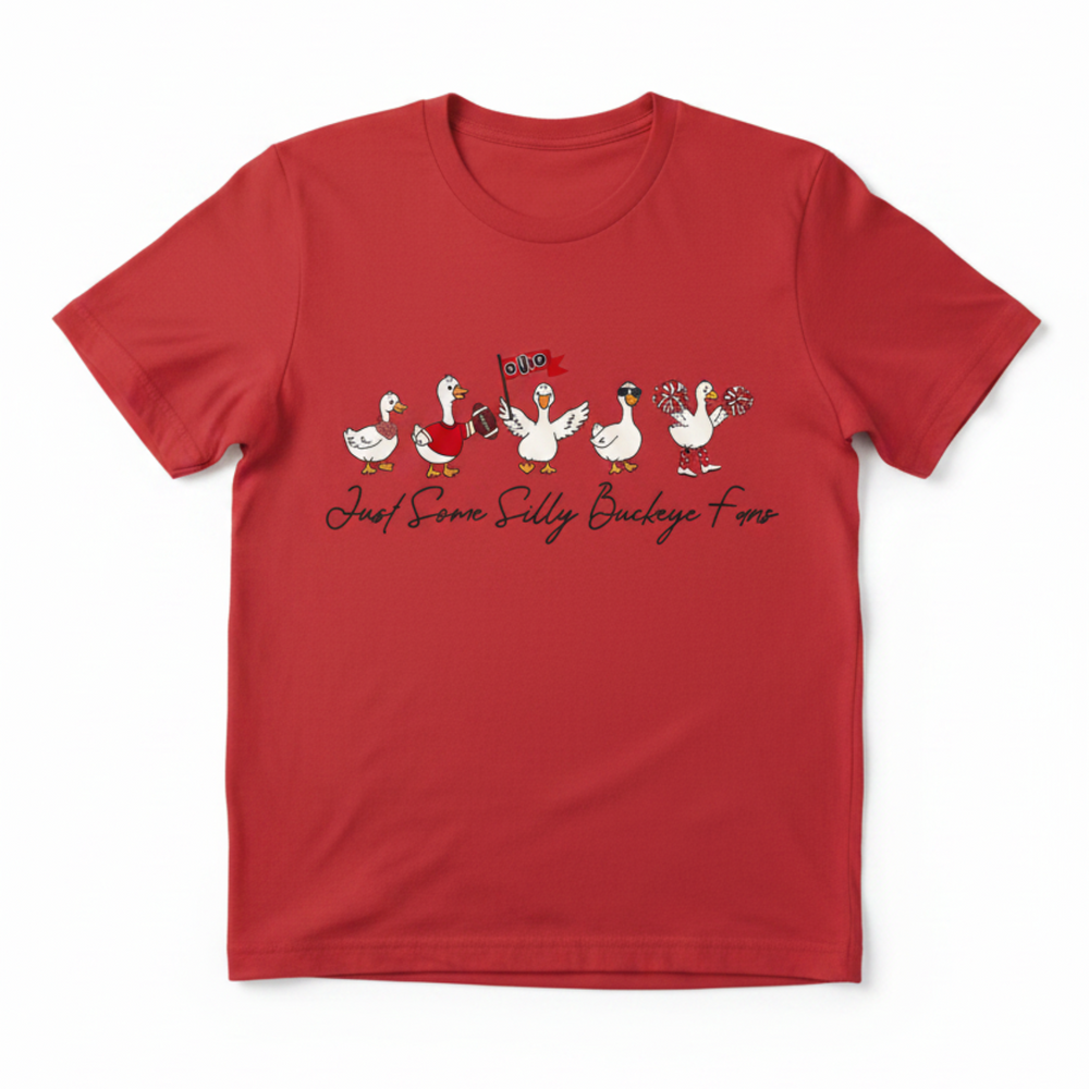 Just Some Silly Buckeye Fans graphic tee with geese dressed as Ohio football fans in jerseys and accessories