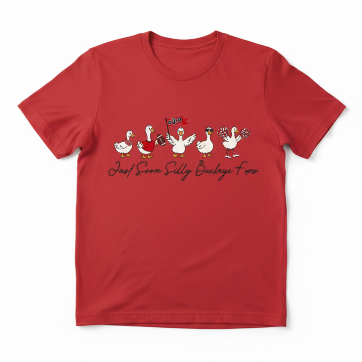 Just Some Silly Buckeye Fans graphic tee with geese dressed as Ohio football fans in jerseys and accessories