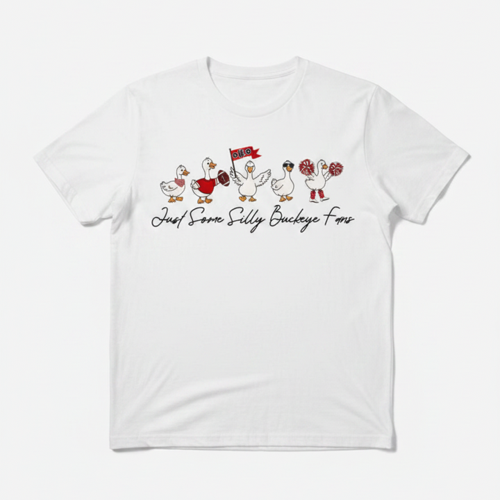 Just Some Silly Buckeye Fans graphic tee with geese in Ohio football fan gear