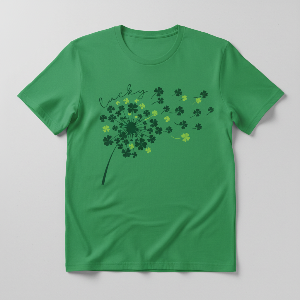 Kelly green t-shirt mockup with lucky shamrock dandelion design