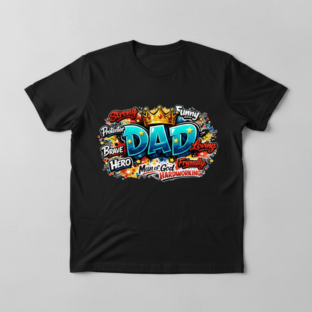 Bold Man of God Shirt featuring a colorful graffiti-style King Dad design topped with a gold crown and surrounded by inspirational character words.
