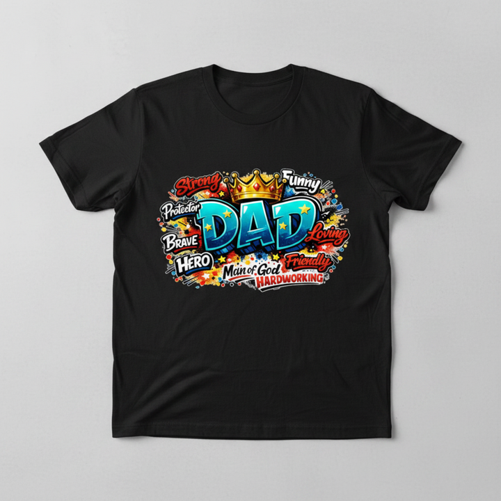 Bold Man of God Shirt featuring a colorful graffiti-style King Dad design topped with a gold crown and surrounded by inspirational character words.