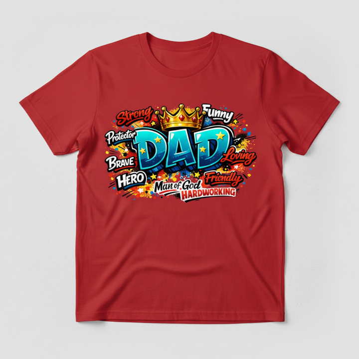 Bold Man of God Shirt featuring a colorful graffiti-style King Dad design topped with a gold crown and surrounded by inspirational character words.
