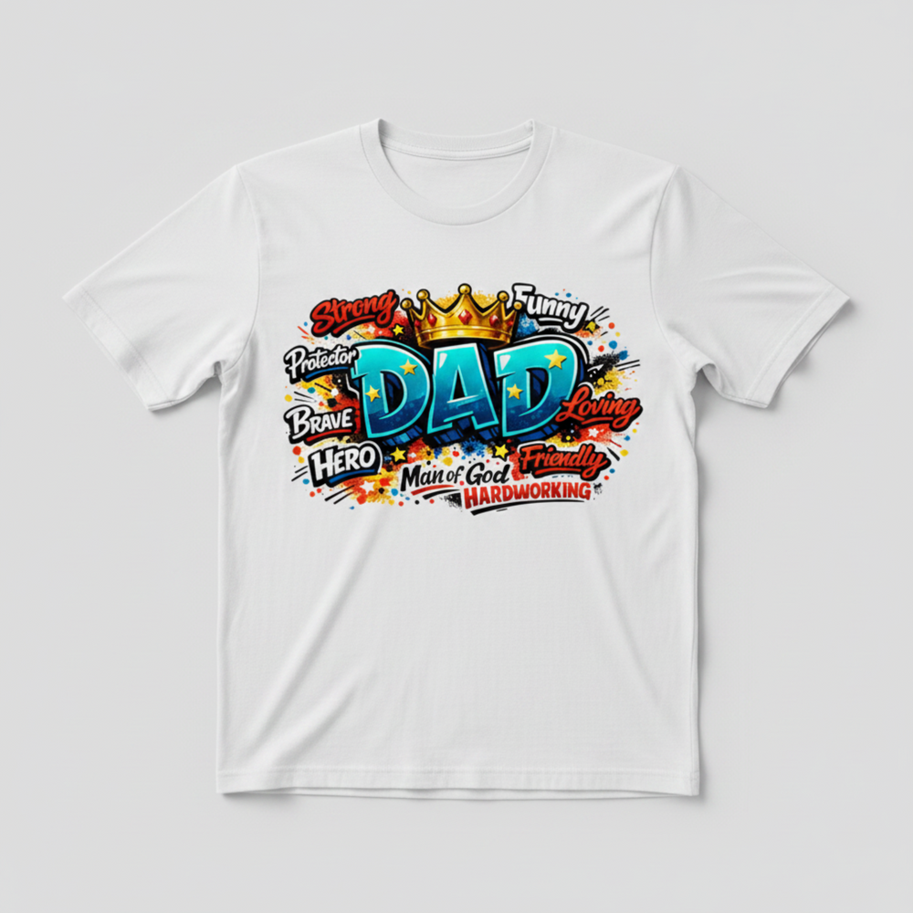 Bold Man of God Shirt featuring a colorful graffiti-style King Dad design topped with a gold crown and surrounded by inspirational character words.