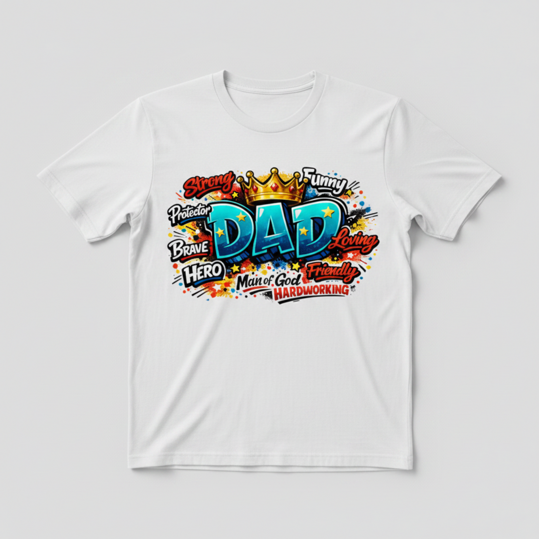 Bold Man of God Shirt featuring a colorful graffiti-style King Dad design topped with a gold crown and surrounded by inspirational character words.