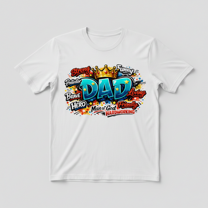 Bold Man of God Shirt featuring a colorful graffiti-style King Dad design topped with a gold crown and surrounded by inspirational character words.