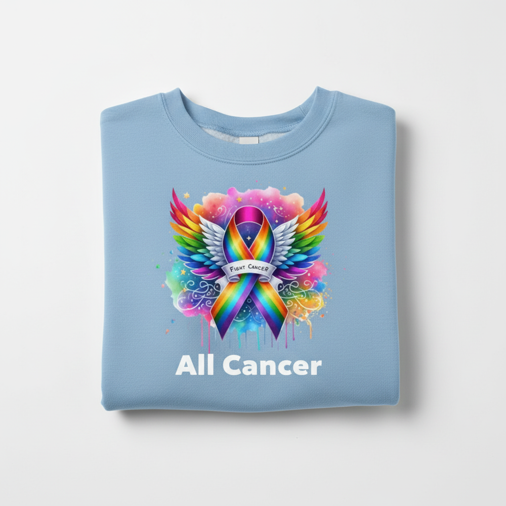 Light blue sweatshirt mockup with all cancer rainbow ribbon design