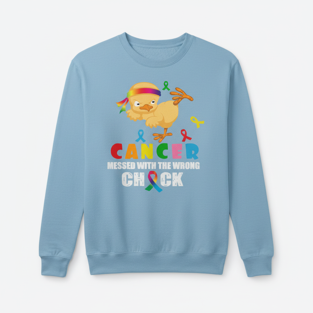 Light blue sweatshirt mockup with cancer chick design