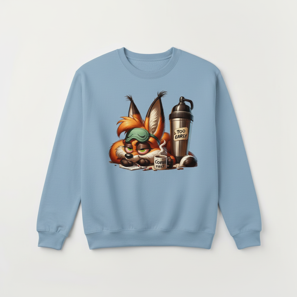 Light blue sweatshirt mockup with grumpy fox coffee design