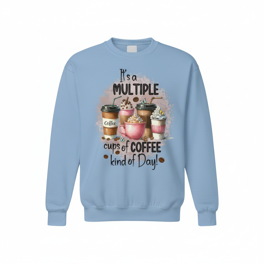 Light blue sweatshirt mockup with multiple coffee cups design