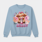 Light blue sweatshirt mockup with sassy highland cow design