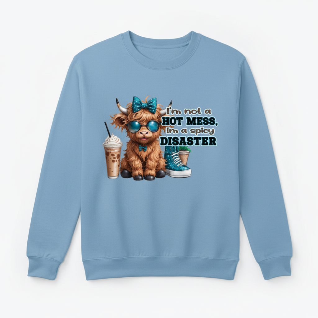 Light blue sweatshirt mockup with spicy disaster highland cow design
