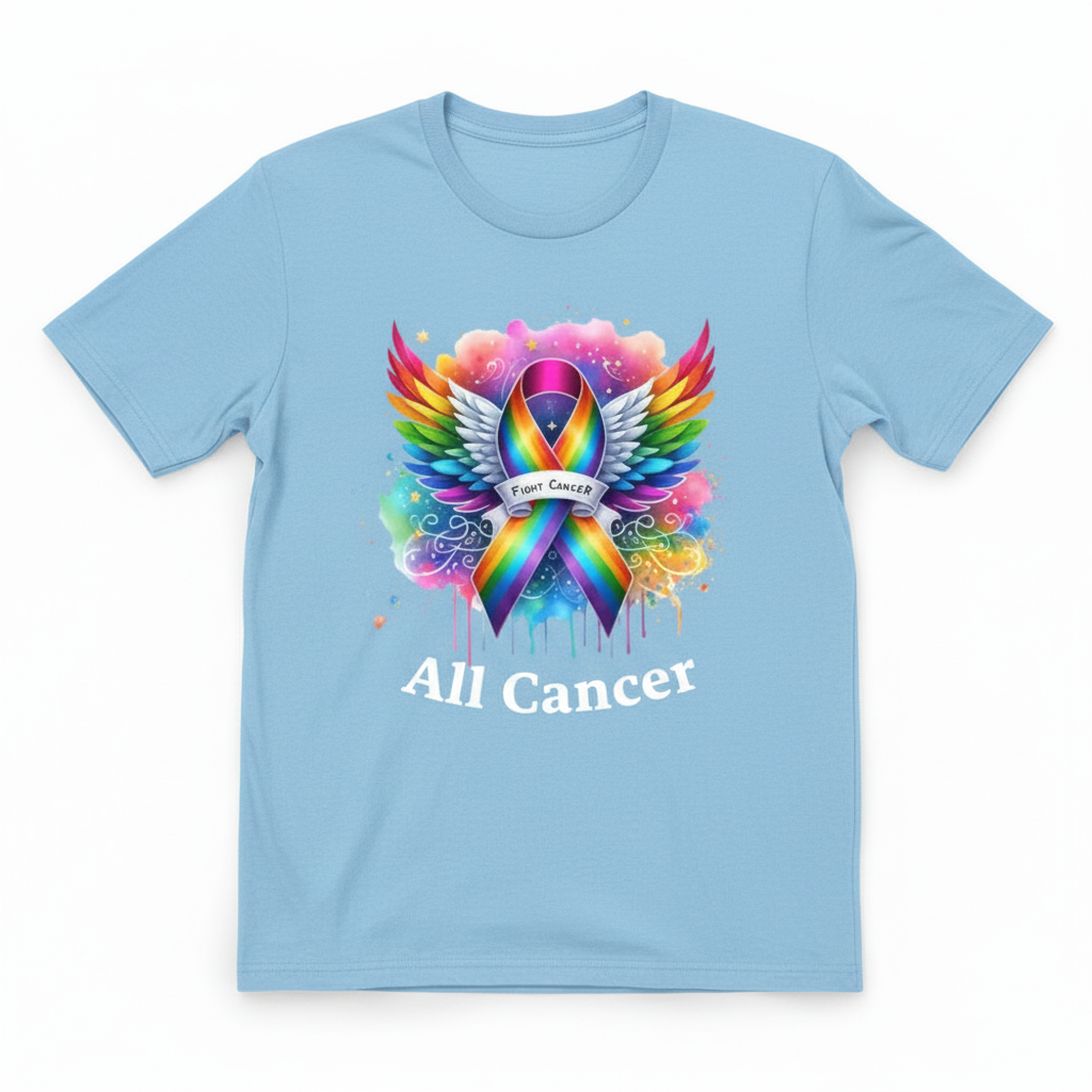 Light blue t-shirt mockup with all cancer rainbow ribbon design