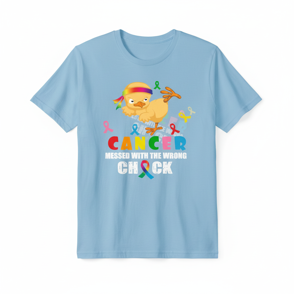 Light blue t-shirt mockup with cancer fighter chick design