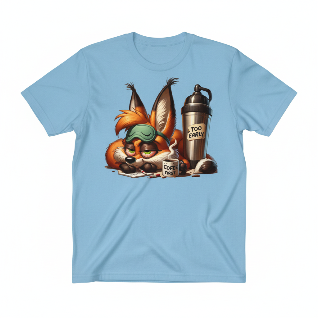 Light blue t-shirt mockup with grumpy fox coffee design
