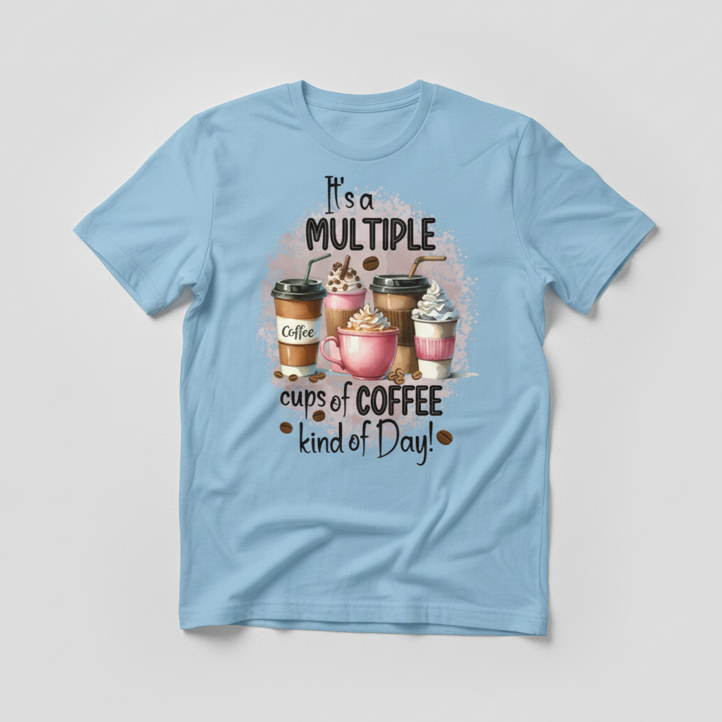 Light blue t-shirt mockup with multiple coffee cups design