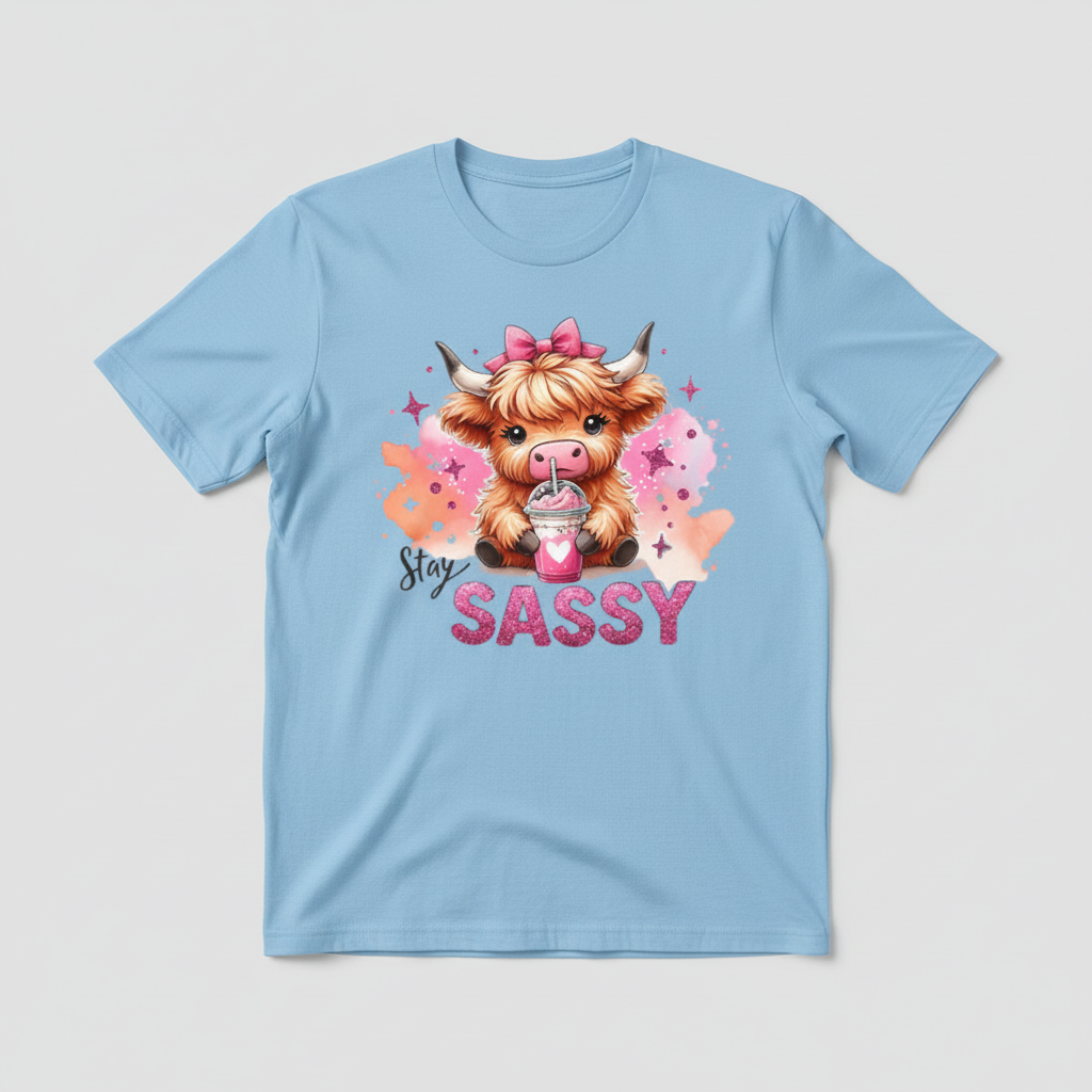 Light blue t-shirt mockup with sassy highland cow design