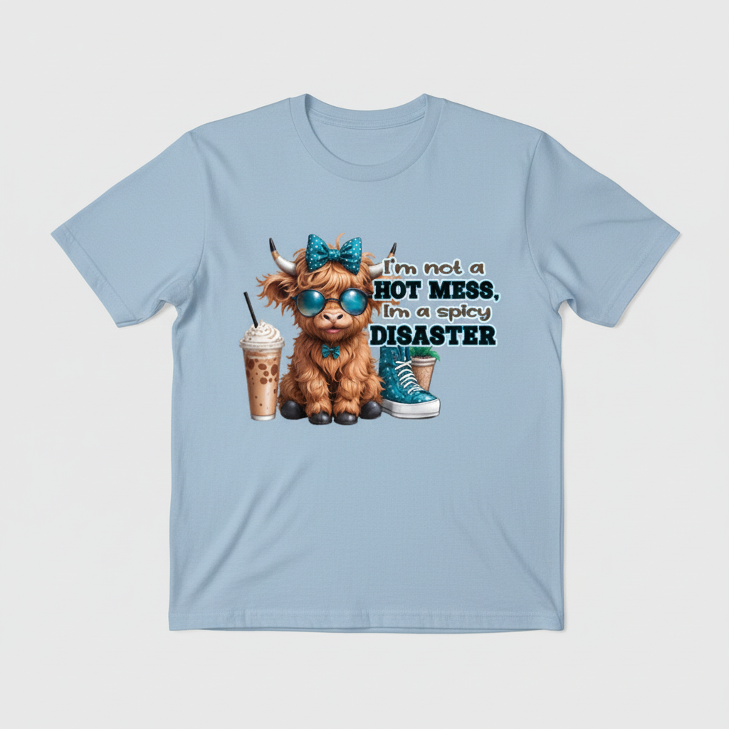 Light blue t-shirt mockup with spicy disaster highland cow