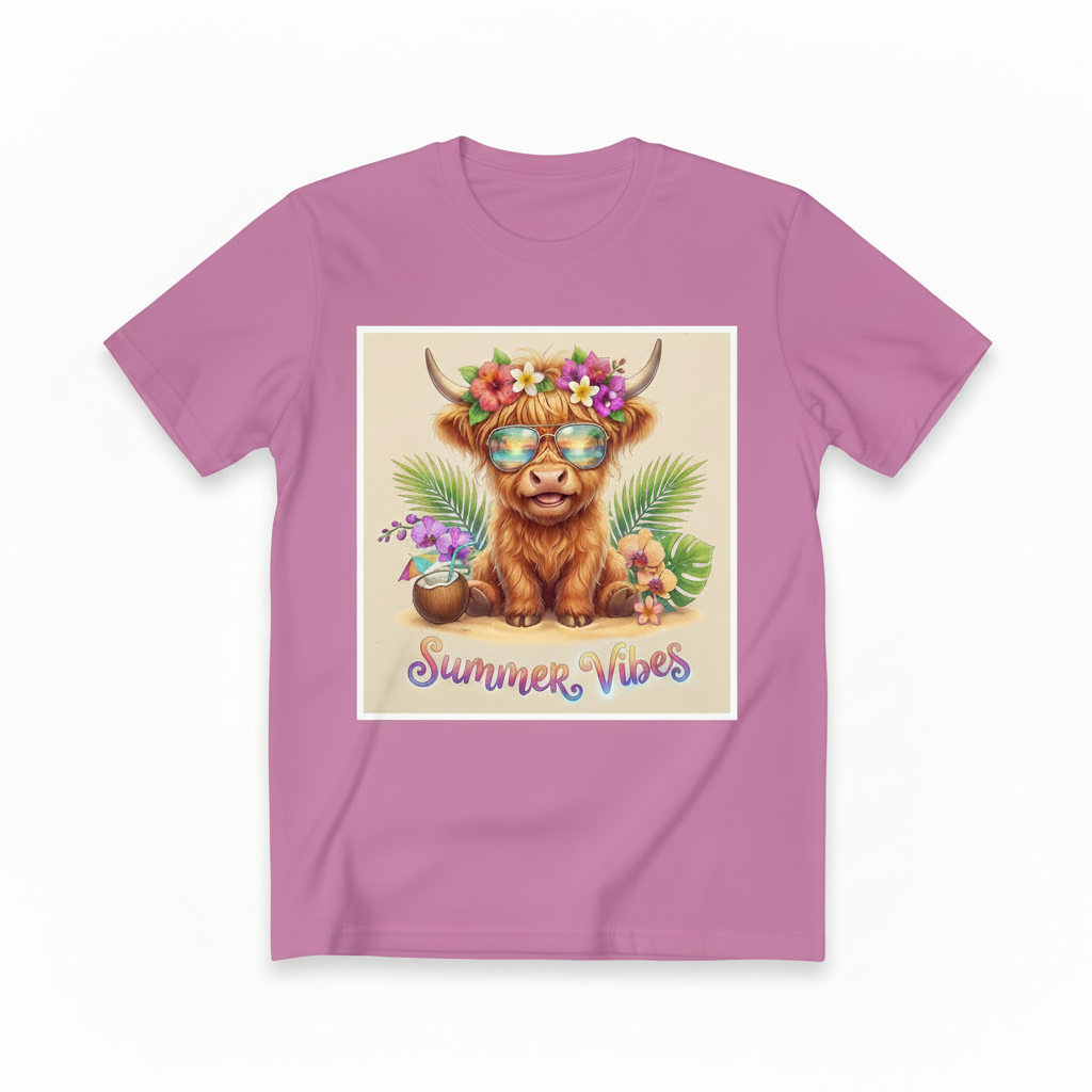 Summer Vibes Highland Cow graphic tee with aviator shades and tropical flower crown on soft unisex t-shirt
