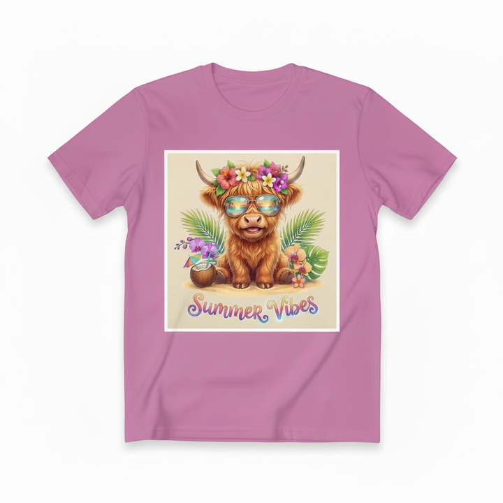 Summer Vibes Highland Cow graphic tee with aviator shades and tropical flower crown on soft unisex t-shirt
