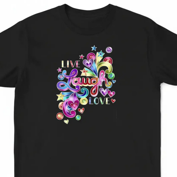 Vibrant Inspirational Rainbow Heart Shirt showcasing a colorful neon graphic print with stars and bold hand-lettered typography.