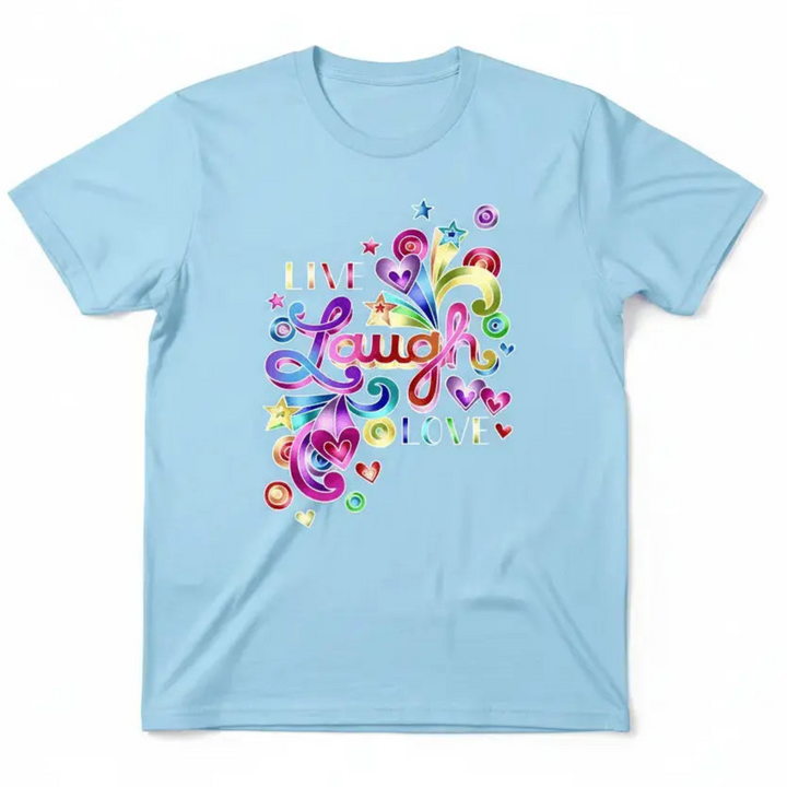 Vibrant Inspirational Rainbow Heart Shirt showcasing a colorful neon graphic print with stars and bold hand-lettered typography.