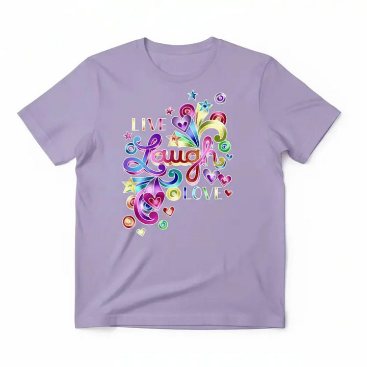 Vibrant Inspirational Rainbow Heart Shirt showcasing a colorful neon graphic print with stars and bold hand-lettered typography.