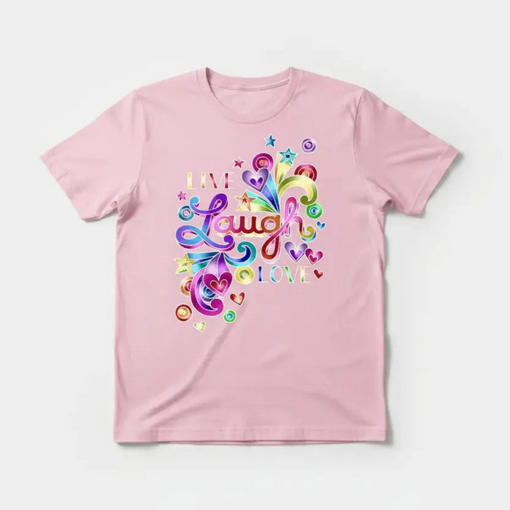 Vibrant Inspirational Rainbow Heart Shirt showcasing a colorful neon graphic print with stars and bold hand-lettered typography.