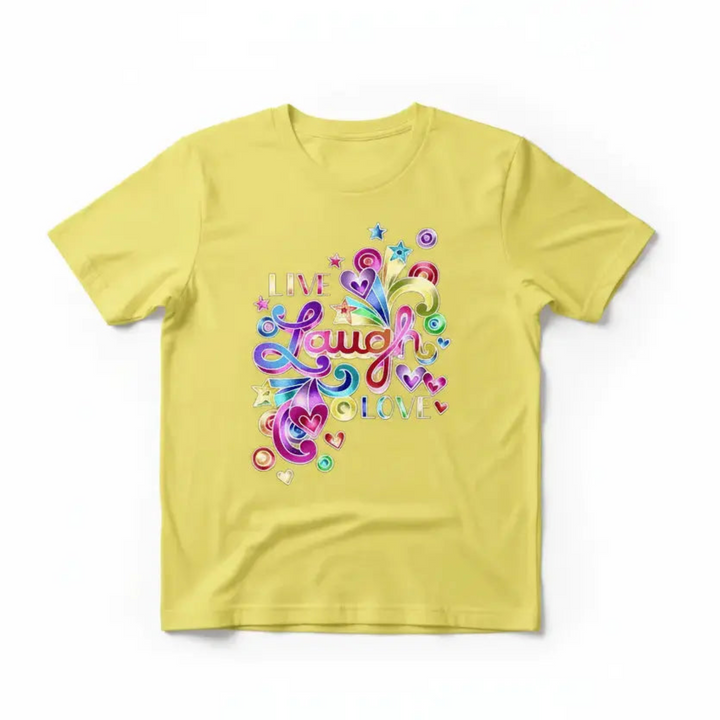 Vibrant Inspirational Rainbow Heart Shirt showcasing a colorful neon graphic print with stars and bold hand-lettered typography.