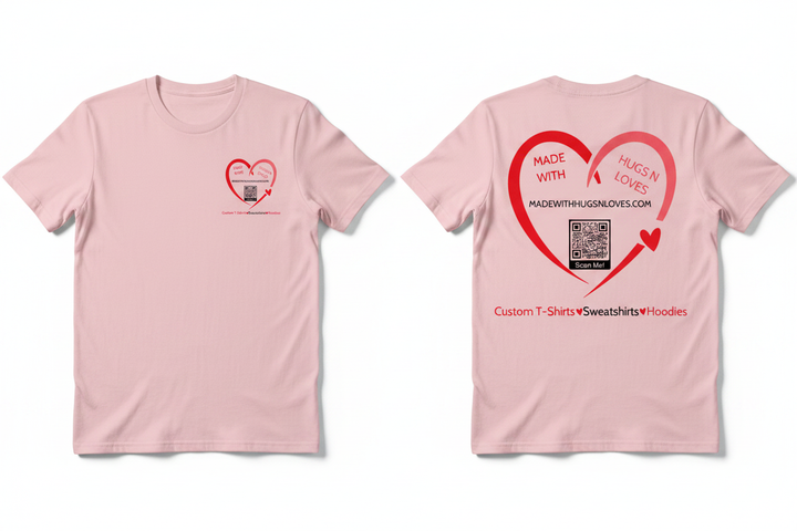 Signature Heart Graphic Tee from MadewithhugsnlovesLLC featuring a sweet brand logo design, available in white, light pink, and neon blue.