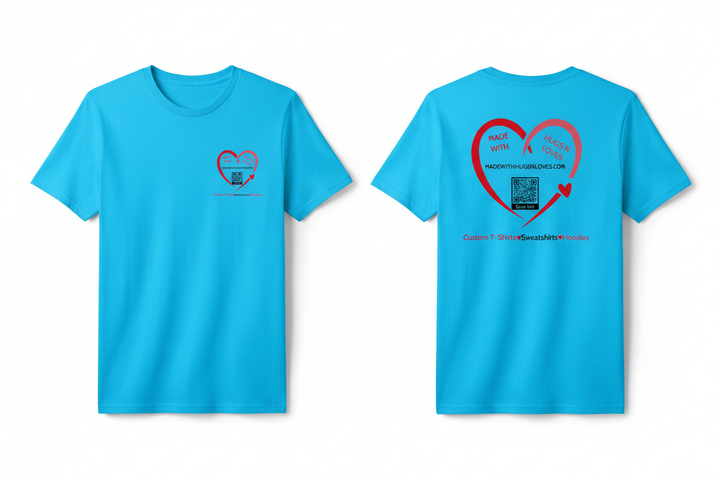 Signature Heart Graphic Tee from MadewithhugsnlovesLLC featuring a sweet brand logo design, available in white, light pink, and neon blue.